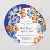 Orange and Cobalt Blue Floral Wedding Celebration Kaart (Voorkant / Achterkant)