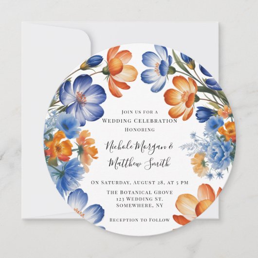 Orange and Cobalt Blue Floral Wedding Celebration Kaart (Voorkant)