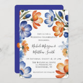 Orange and Cobalt Blue Floral Wedding Celebration Kaart (Voorkant / Achterkant)