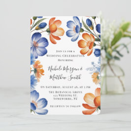 Orange and Cobalt Blue Floral Wedding Celebration Kaart