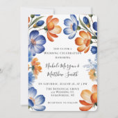 Orange and Cobalt Blue Floral Wedding Celebration Kaart (Voorkant)
