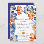 Orange and Cobalt Blue Floral Wedding Celebration Kaart (Voorkant / Achterkant)