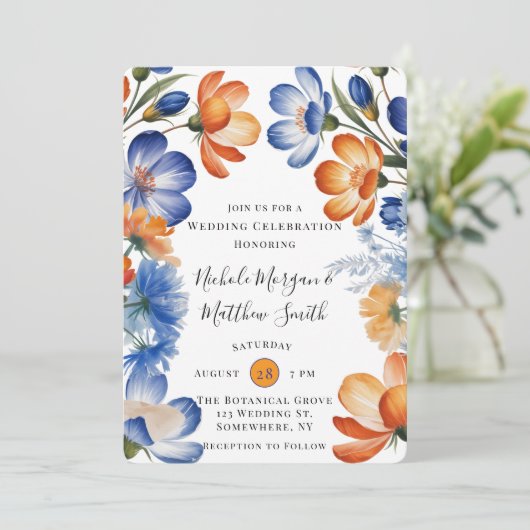 Orange and Cobalt Blue Floral Wedding Celebration Kaart (Staand voorkant)