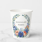 Orange and Cobalt Blue Floral Wedding Papieren Bekers (Achterkant)