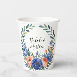 Orange and Cobalt Blue Floral Wedding Papieren Bekers