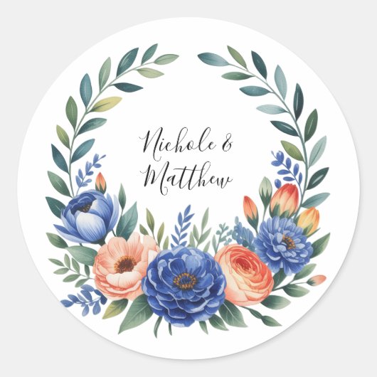 Orange and Cobalt Blue Floral Wedding Ronde Sticker (Voorkant)