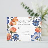 Orange and Cobalt Blue Floral Wedding RSVP Kaartje (Staand voorkant)