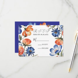 Orange and Cobalt Blue Floral Wedding RSVP Kaartje