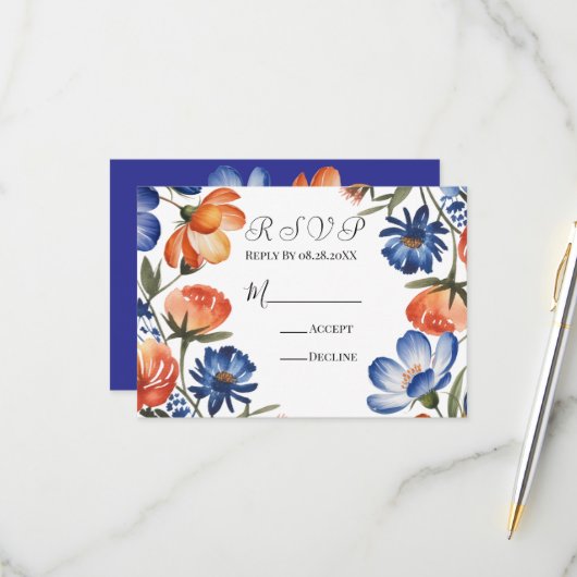 Orange and Cobalt Blue Floral Wedding RSVP Kaartje (Voorkant / Achterkant in situ)
