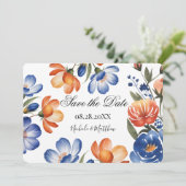Orange and Cobalt Blue Floral Wedding Save The Date (Staand voorkant)