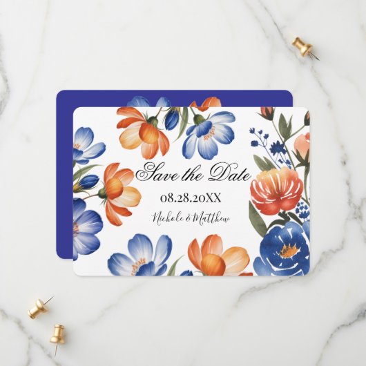 Orange and Cobalt Blue Floral Wedding Save The Date (Voorkant / Achterkant in situ)