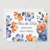 Orange and Cobalt Blue Floral Wedding Save The Date (Voorkant)