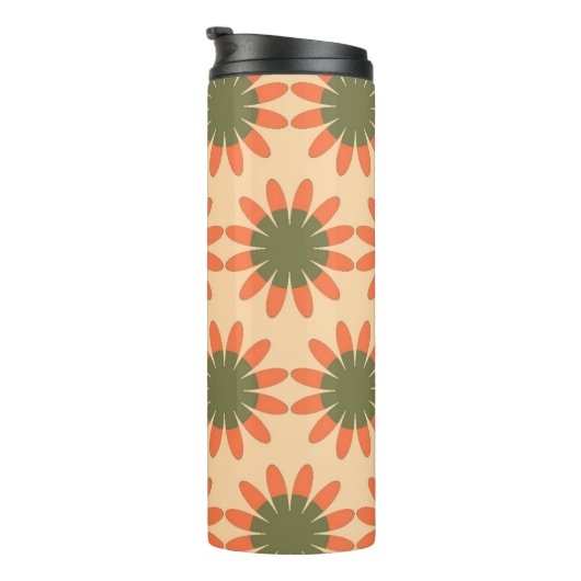 Orange and Green Retro Flower Pattern Monogram Thermosbeker (Geroteerd rechts)