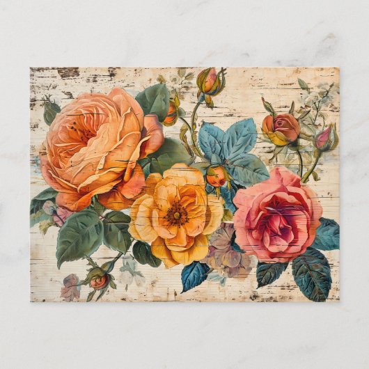 Orange and Pink Roses on Rustic Wood Briefkaart (Voorkant)