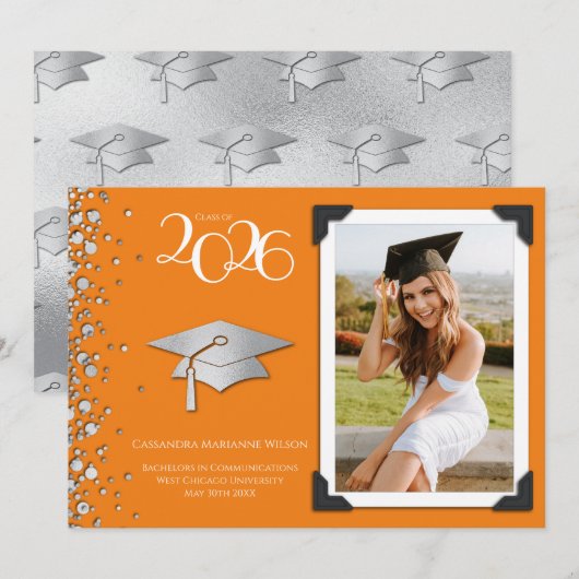 Orange and Silver Graduation Announcement Photo Kaart (Voorkant / Achterkant)