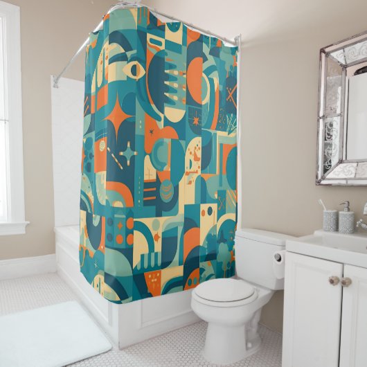 Orange and Teal Geometric Abstract Douchegordijn (In situ)