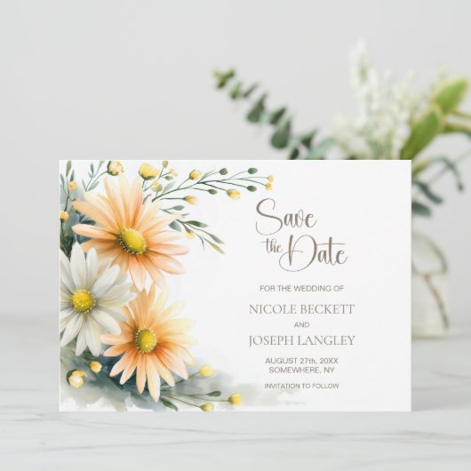 Orange and White Daisies Wedding Save the Date (Staand voorkant)