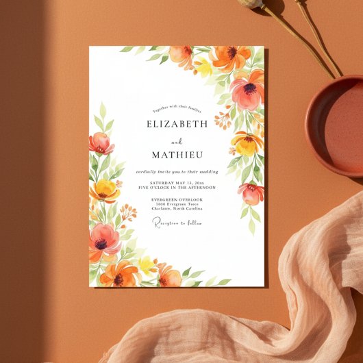 Orange Artistic Blossom Wedding Kaart