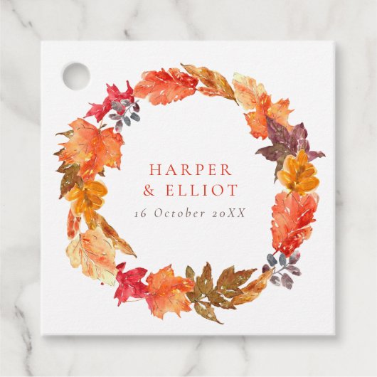 Orange Autumn Leaves Wreath Fall Wedding Bedankjes Labels (Voorkant)