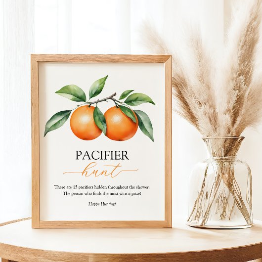 Orange Baby Shower Pacifier Hunt Game Sign Poster