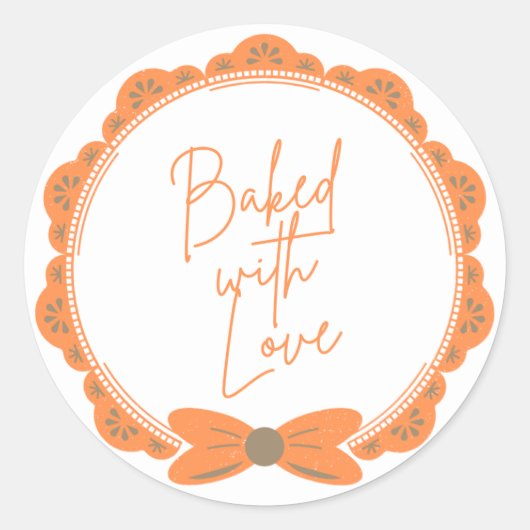 Orange 'Baked With Love' Round Sticker (Voorkant)