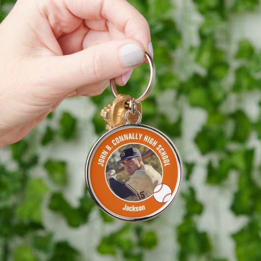 Orange Baseball Player Photo High School Spirit Sleutelhanger (Hand)