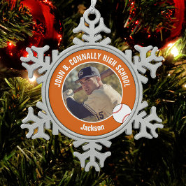 Orange Baseball Player Photo High School Tin Sneeuwvlok Ornament