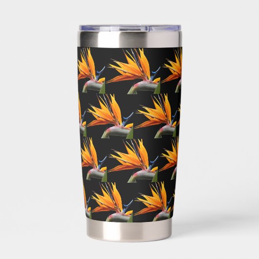 Orange Bird of Paradise Plant Pattern on Black Geïsoleerde Drinkbeker (Voorkant)
