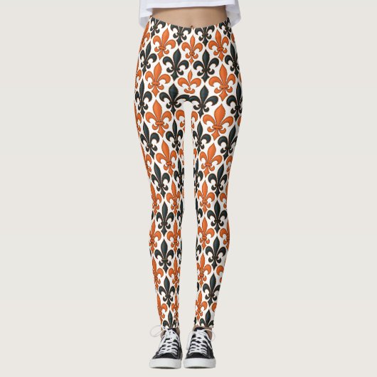 Orange Black Baroque Fleur-de-lis Pattern Design Leggings (Voorkant)
