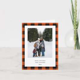 Orange Black Buffalo Plaid  3 Photo Christmas Feestdagen Kaart