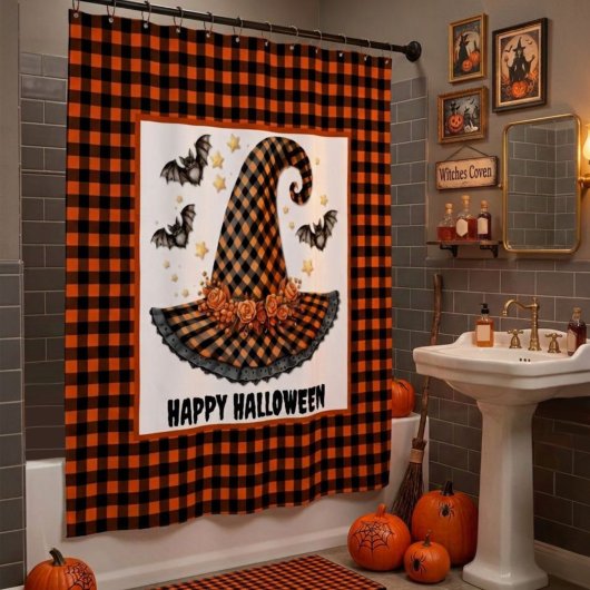 Orange & Black Gingham Halloween Witch Hat & Bats Douchegordijn