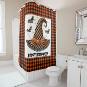 Orange & Black Gingham Halloween Witch Hat & Bats Douchegordijn (In situ)