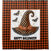 Orange & Black Gingham Halloween Witch Hat & Bats Douchegordijn (Voorkant)