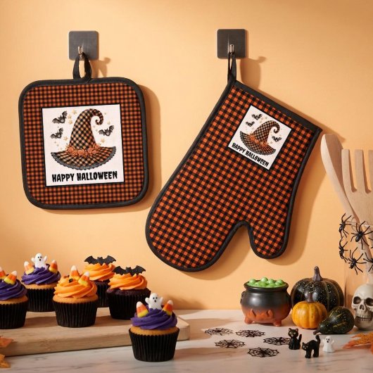 Orange & Black Gingham Halloween Witch Hat & Bats Ovenwant & Pannenlap Set