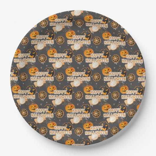 ORANGE BLACK GRAY HAPPY HALLOWEEN PUMPKINS PAPIEREN BORDJE (Voorkant)