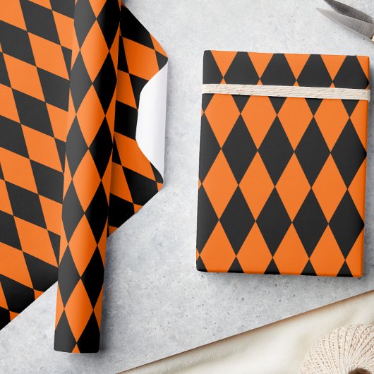 Orange Black Harlequin Diamonds Checkers Design  Cadeaupapier