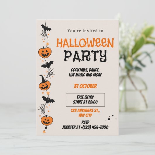 Orange Black Playful Halloween Party Invitation Kaart (Staand voorkant)