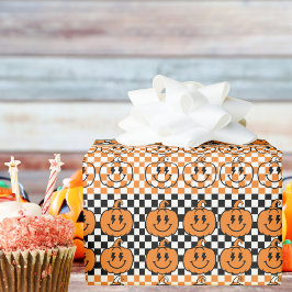 Orange Black Retro Rad Pumpkin Checkered Halloween Cadeaupapier
