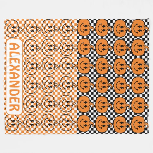 Orange Black Retro Rad Pumpkin Checkered Halloween Fleece Deken (Voorkant (Horizontaal))