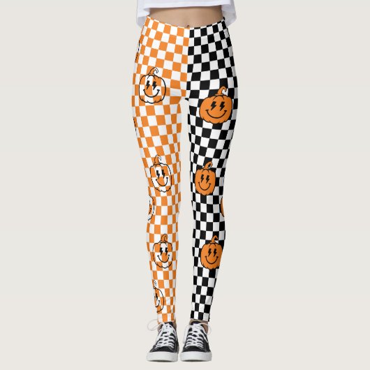 Orange Black Retro Rad Pumpkin Checkered Halloween Leggings (Voorkant)