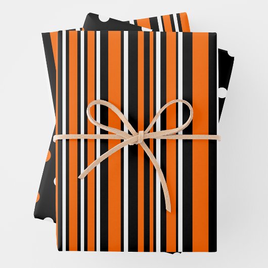 Orange, Black & White Trendy Stripes & Polka Dots Inpakpapier Vel