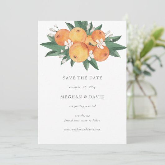 Orange Blossoms Citrus Botanical Save the Date  Aankondiging (Staand voorkant)