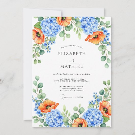 Orange Blue Floral Spring Wedding Kaart (Voorkant)