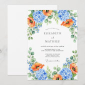 Orange Blue Floral Spring Wedding Kaart (Voorkant / Achterkant)