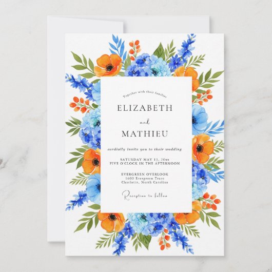 Orange Blue Vibrant Floral Wedding Kaart (Voorkant)