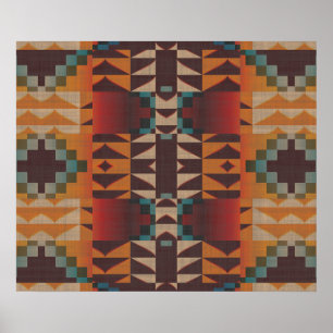Orange Brown Red Teal Blue Ethnic Tribal Mosaic Poster