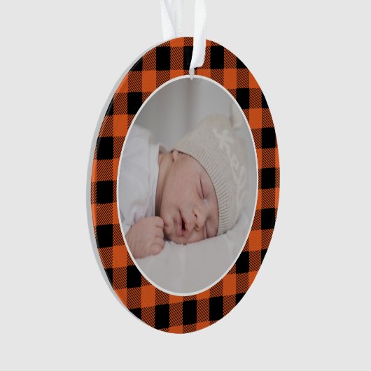 ORANGE BUFFALO PLAID NAME Photo Christmas Keepsake Ornament (voorkant)