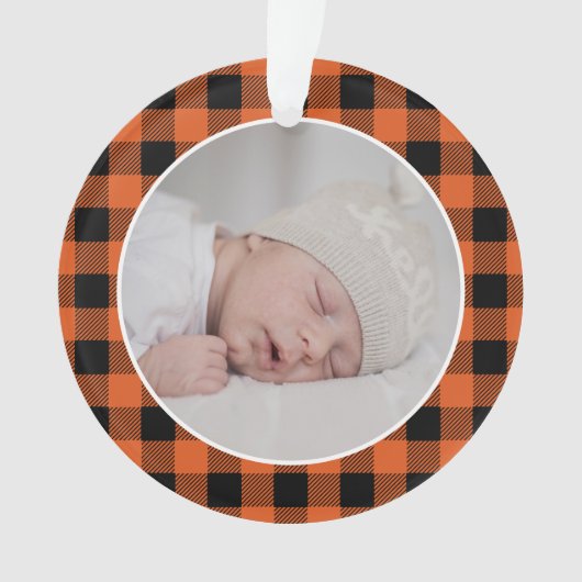 ORANGE BUFFALO PLAID NAME Photo Christmas Keepsake Ornament (voorkant)