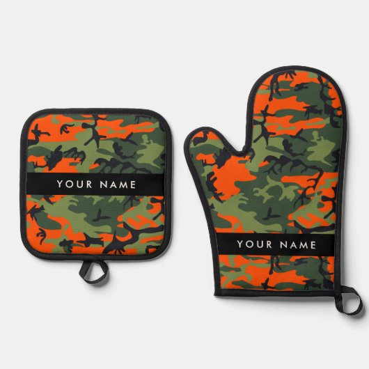Orange Camouflage Pattern, Your name, Personalize Ovenwant & Pannenlap Set (Voorkant)