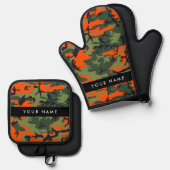Orange Camouflage Pattern, Your name, Personalize Ovenwant & Pannenlap Set (Voorkant / Achterkant)